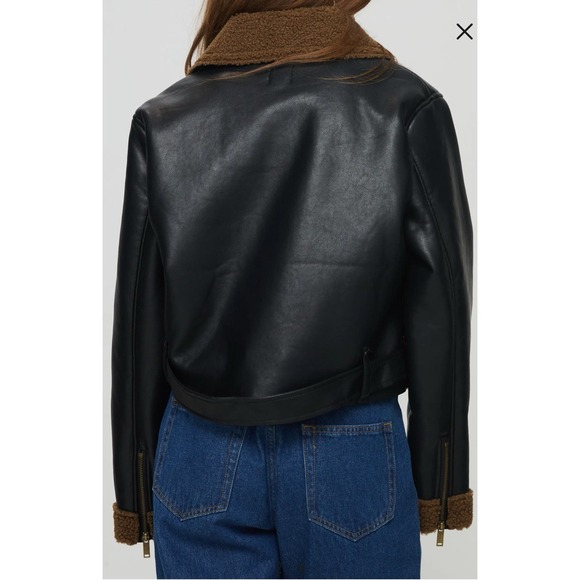 Princess Polly Size 4 Faux Leather Shearling Crop Jacket Black Edgy Moto Sherpa - Picture 2 of 13